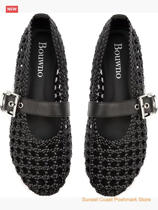 Shoes - Woven Mesh Ballet Flats Round Toe Buckle Strap Mary Janes